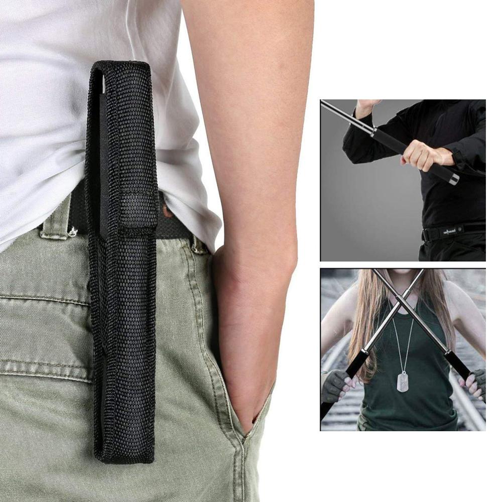 A black nylon carrying case for the baton is attached to a person's belt, with two smaller insets showing people holding