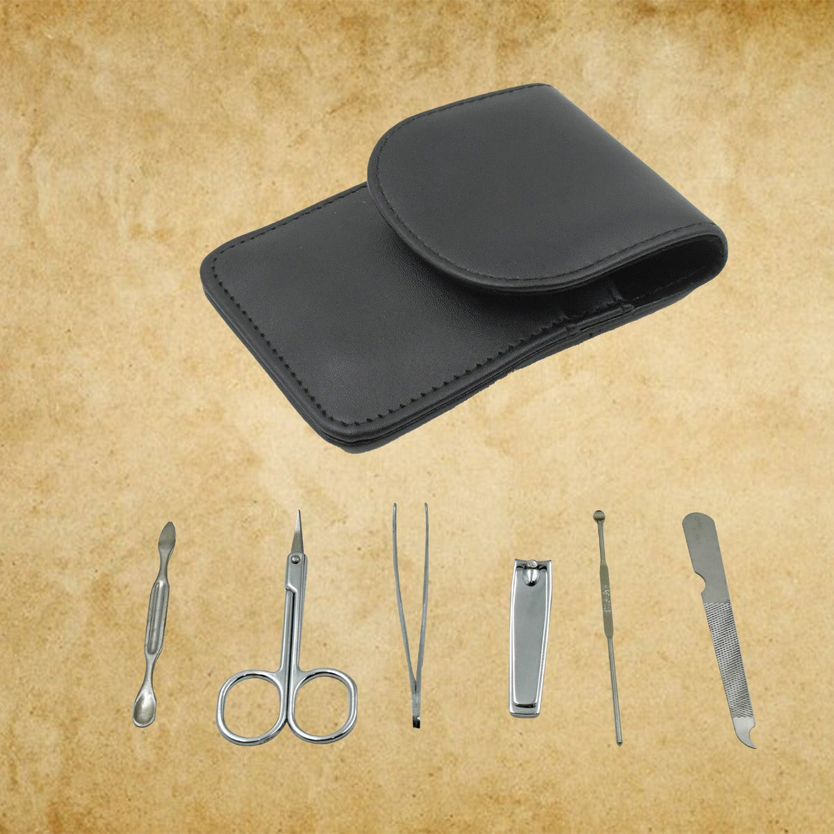 A black leather case and six silver manicure tools are displayed separately on a textured brown background.