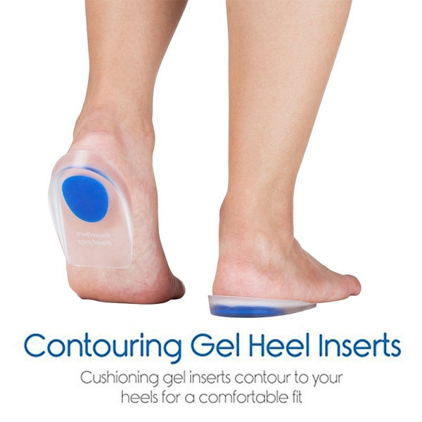 A person's bare feet show clear gel heel inserts with blue centers, with text about contouring gel heel inserts.