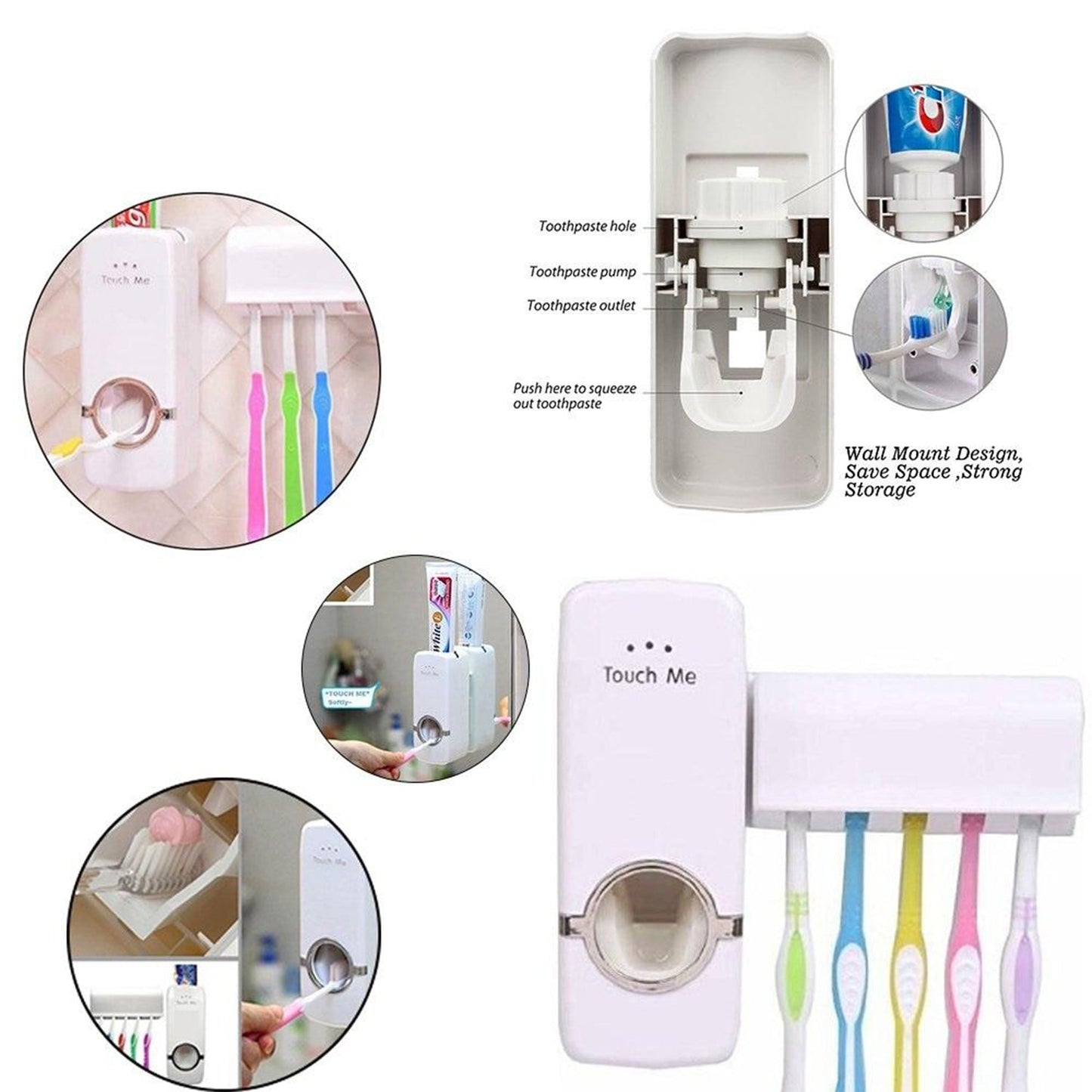 Collage of the dispenser and holder, showing its parts and how it functions, with toothbrushes and toothpaste.