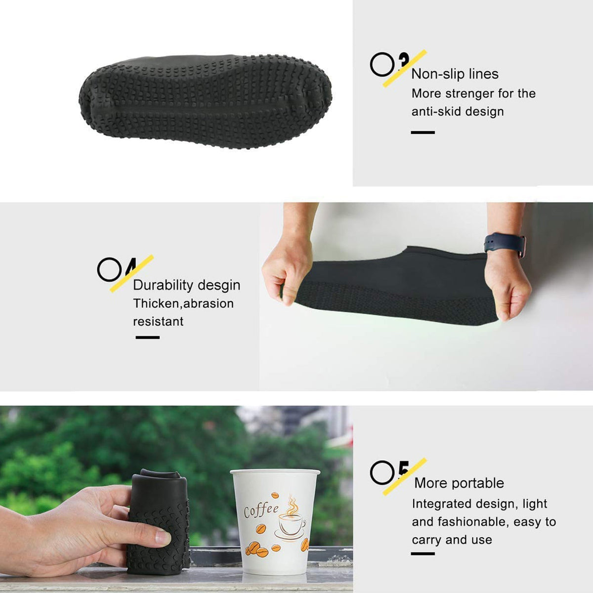 A hand places a folded black silicone shoe cover into the side pocket of a gray backpack.