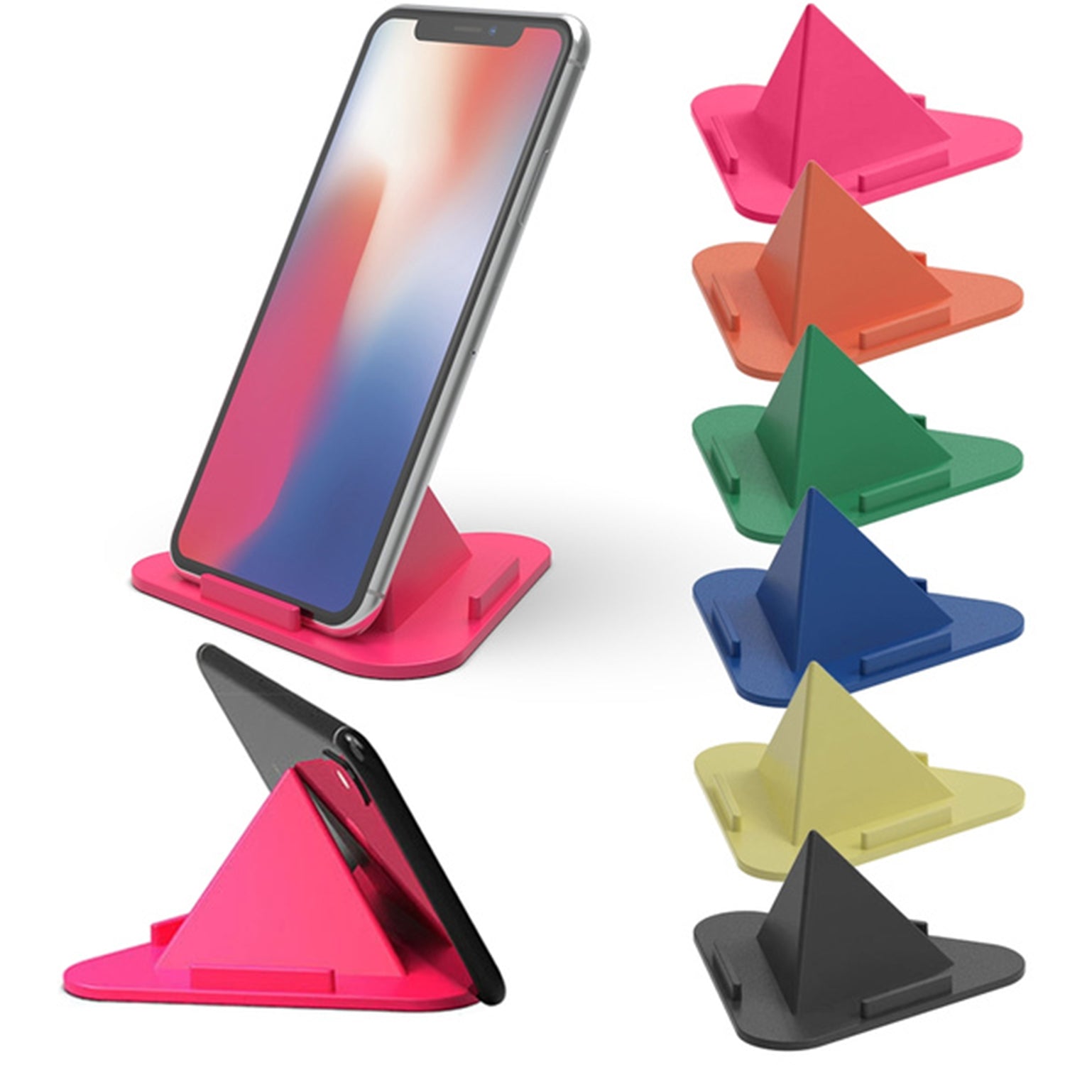 A pink pyramid mobile stand holds a phone, with an array of six different colored stands on the right.