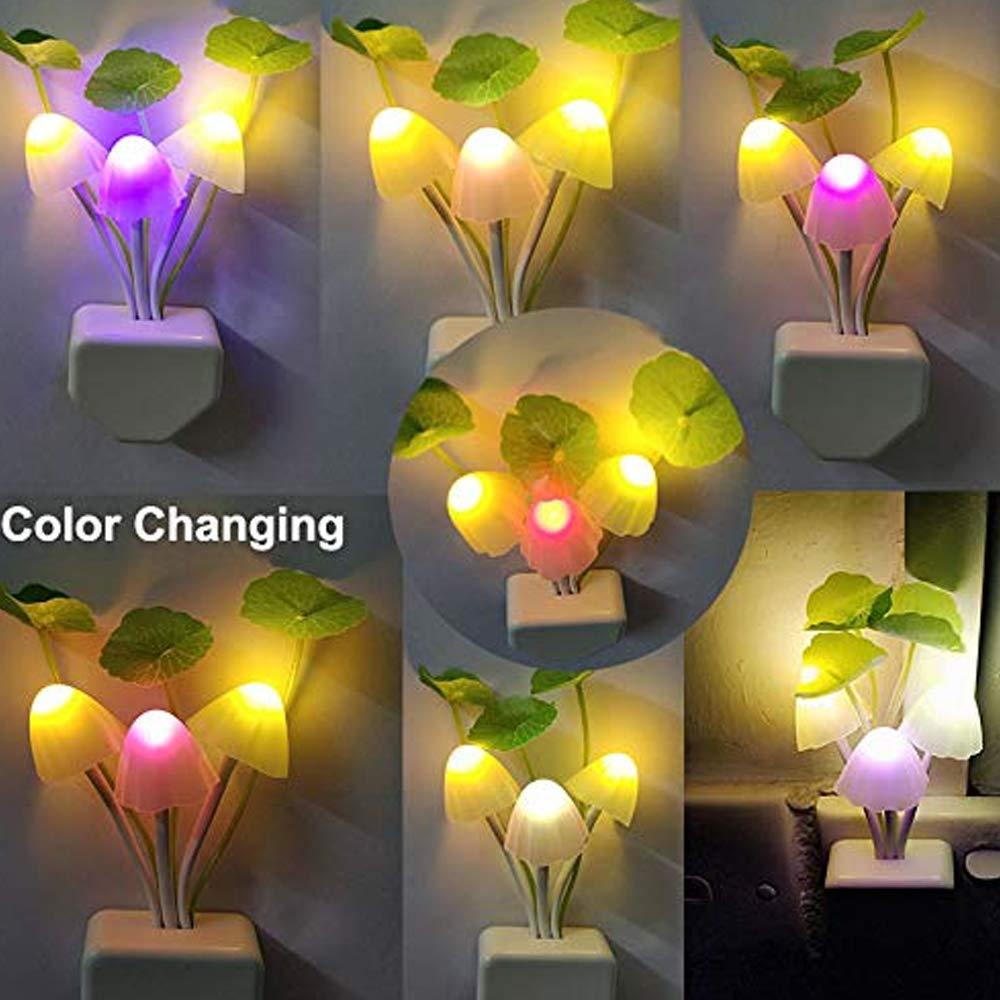 A collage of six images shows the mushroom night light with various color-changing effects and in different settings.