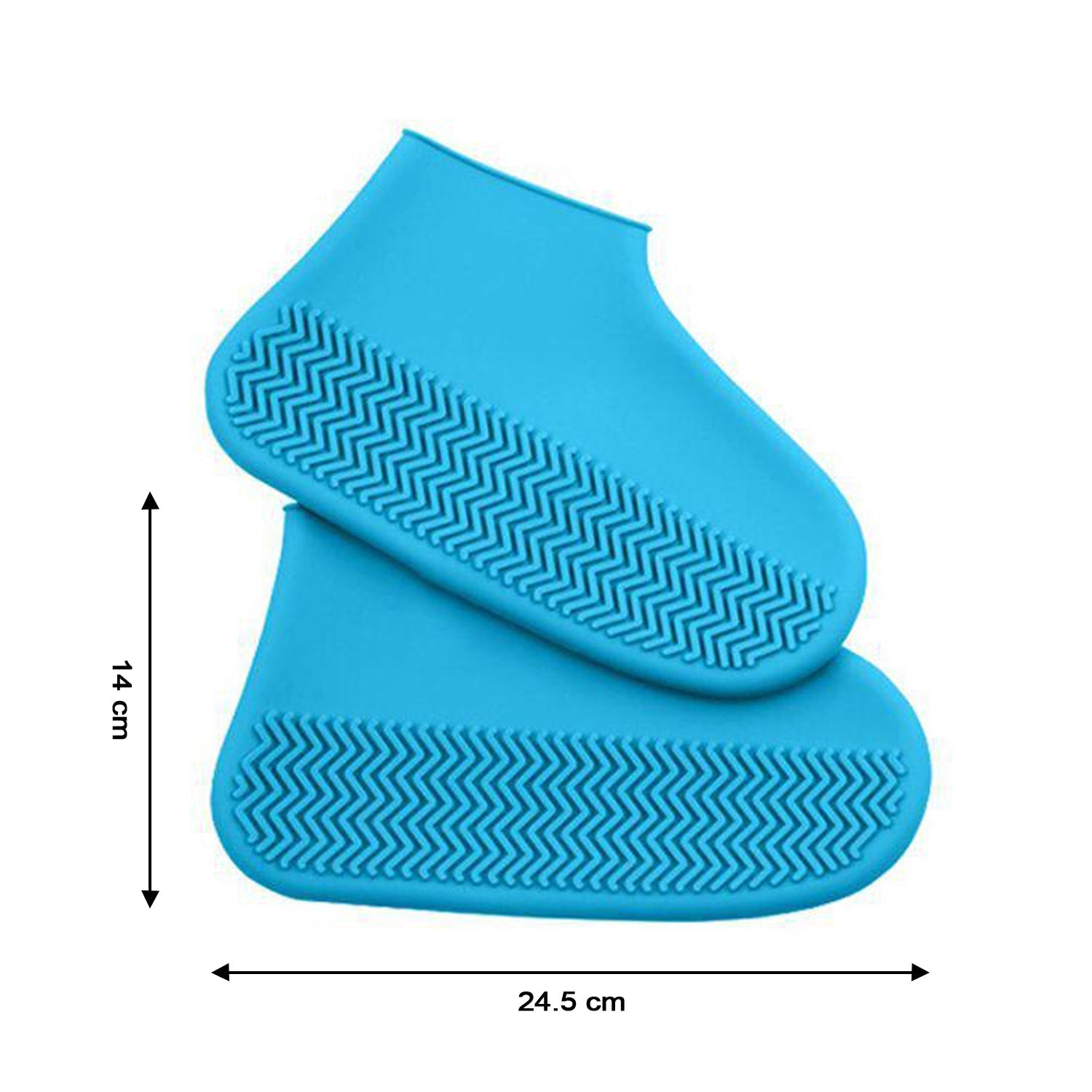 Two blue silicone shoe covers with textured soles, showing dimensions of 14 cm height and 24.5 cm length.