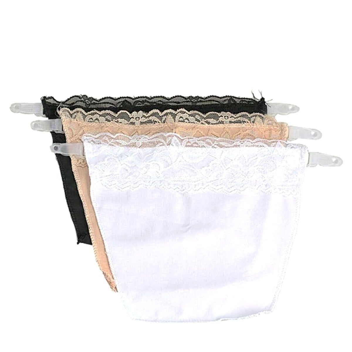 Three clip-on modesty camisoles in black, beige, and white with lace trim, arranged neatly.