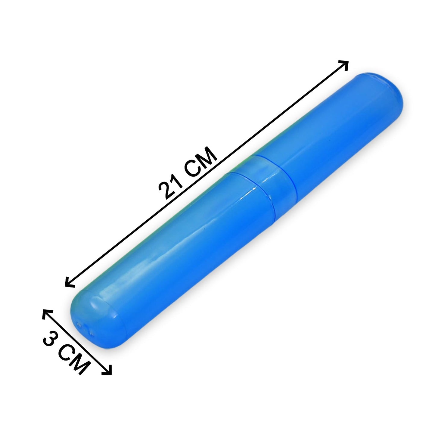 A single blue toothbrush travel case with dimensions of 21 cm length and 3 cm width indicated by arrows.