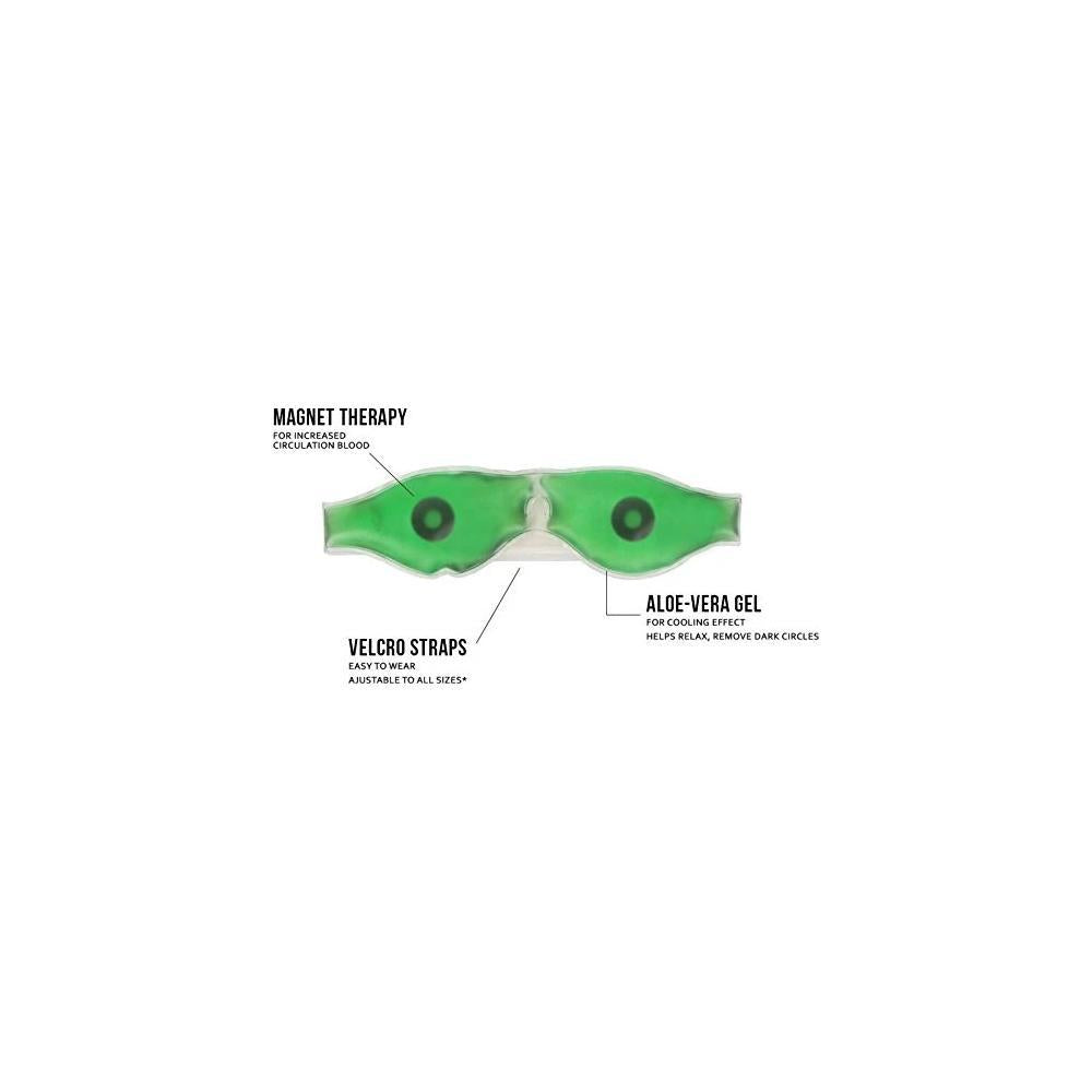 A green gel eye mask with black magnet details and clear straps, with text describing magnet therapy and aloe-vera gel.