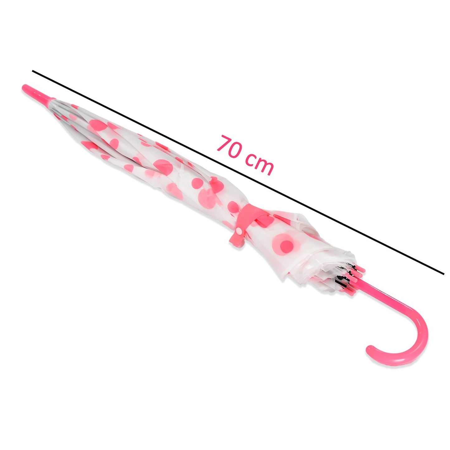 A closed white umbrella with pink polka dots and a pink handle is shown with a 70 cm measurement line.