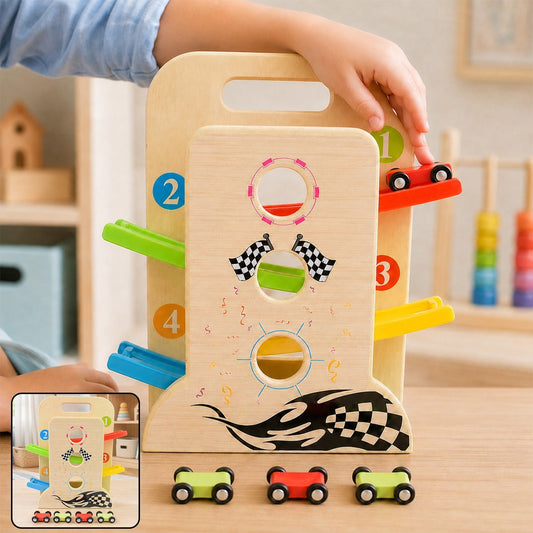 Wooden Ramp Racer – 4 Cars & Handle for Kids | Action Legion