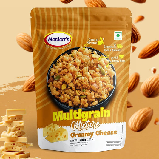 Maniarr's Roasted Multigrain Mixture packaging with creamy cheese flavour.