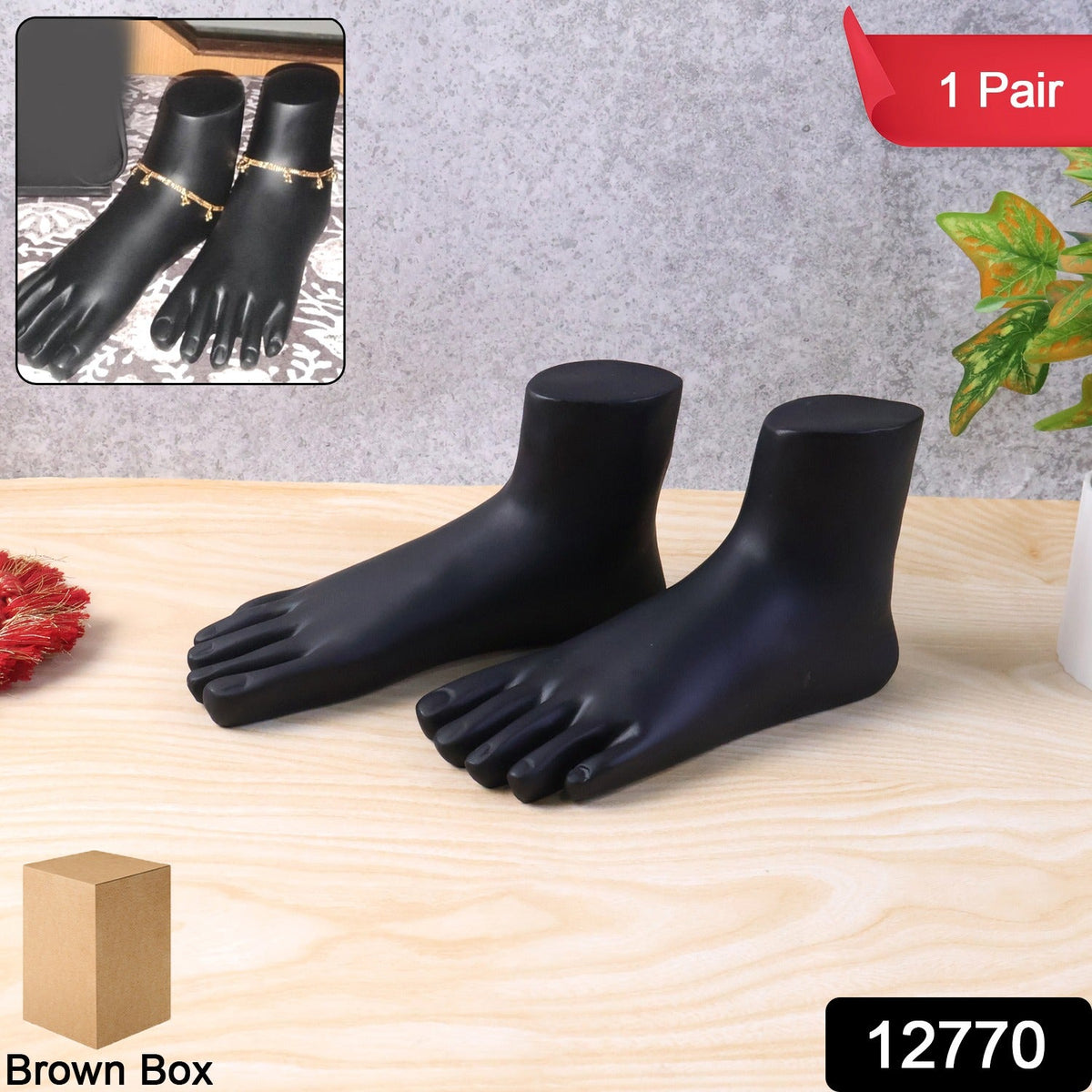Side view of black foot mannequin display stand pair for showcasing anklets and toe rings