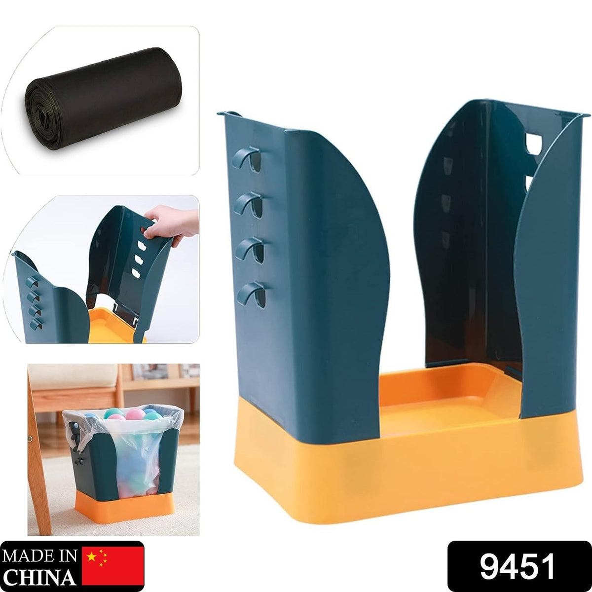A collage shows a roll of black trash bags, the holder being assembled, and in use with colorful balls.