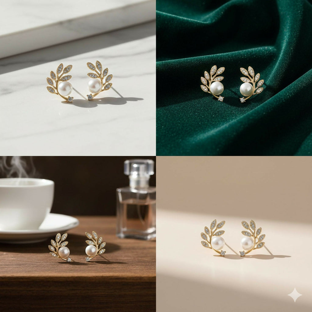 Luxurious Crystal Leaf & Pearl Ear Climbers – 14K Gold Plated Botanical Studs