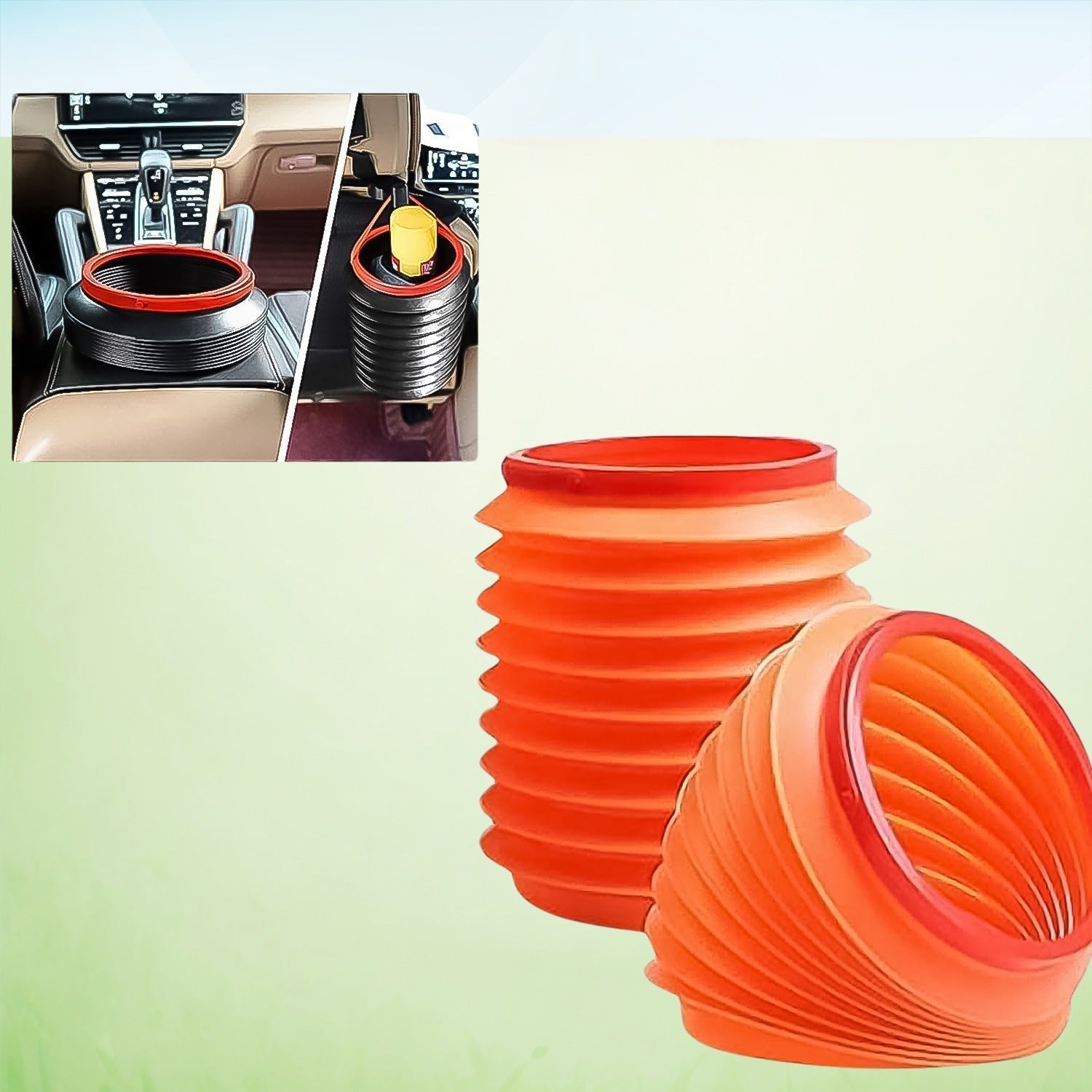 Two orange accordion-style buckets, one fully extended and one partially collapsed, are displayed next to insets of them in