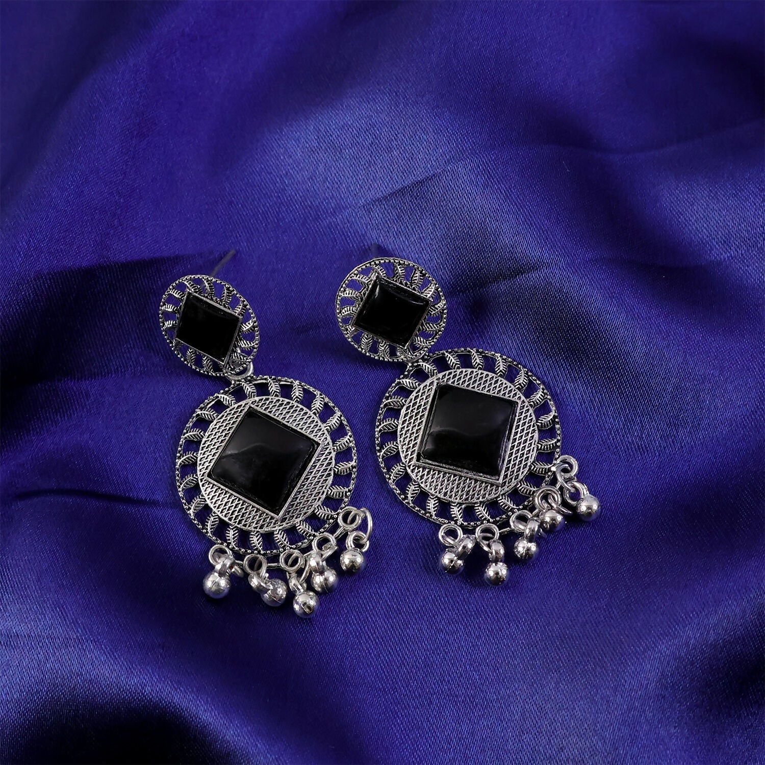 Vintage Charm Black Stone Oxidized Silver Earrings