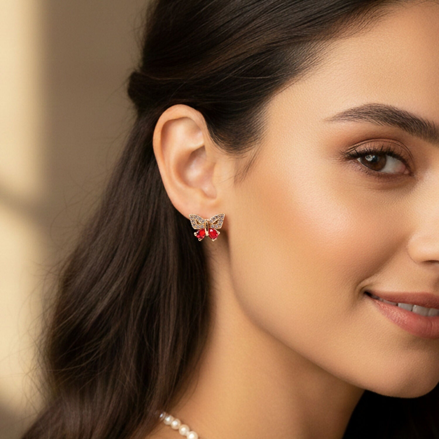 Butterfly Shape CZ Stud Earrings with Red Stone for Women & Girls