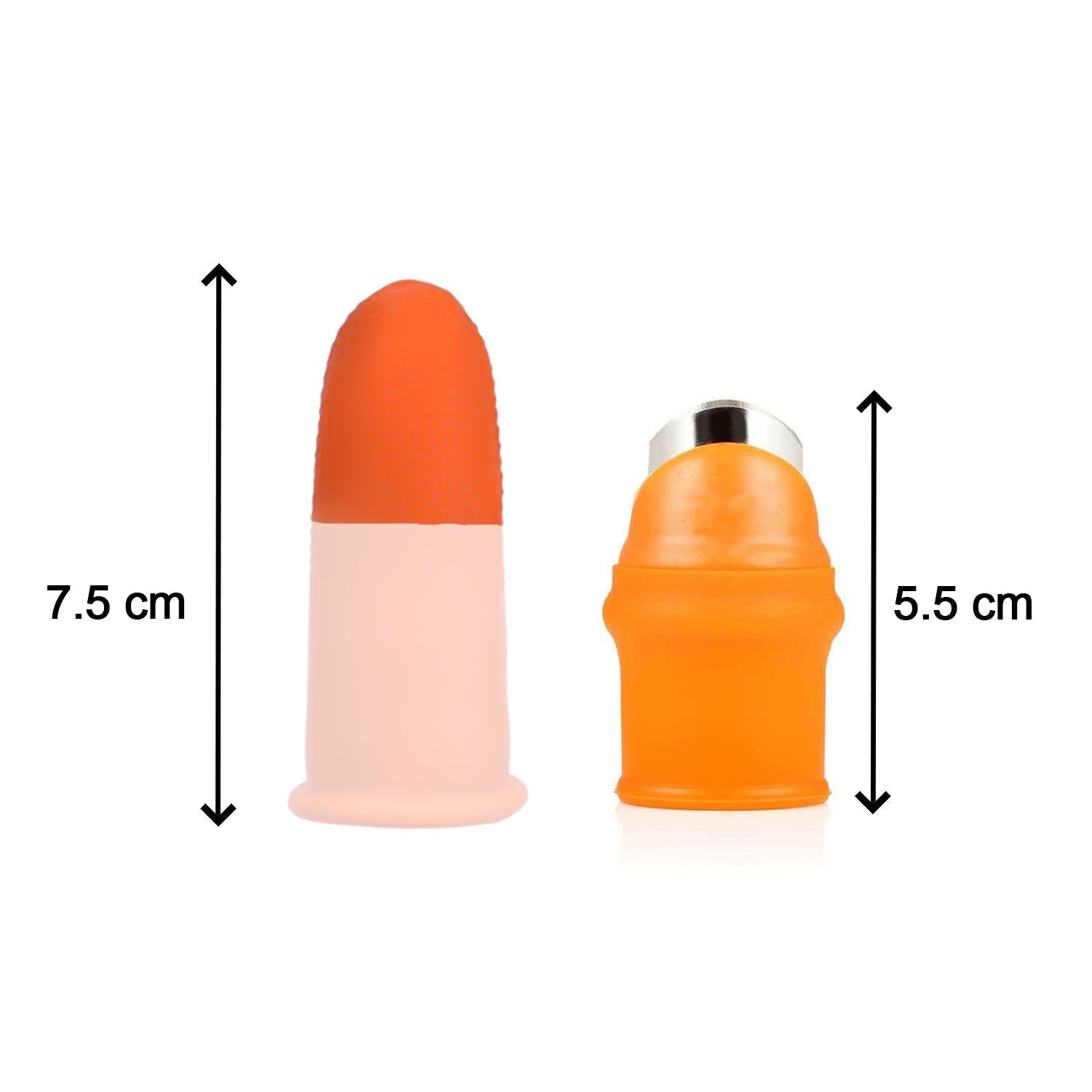 A beige and orange finger protector and an orange thumb cutter with a blade, displaying their respective heights of 7.5 cm