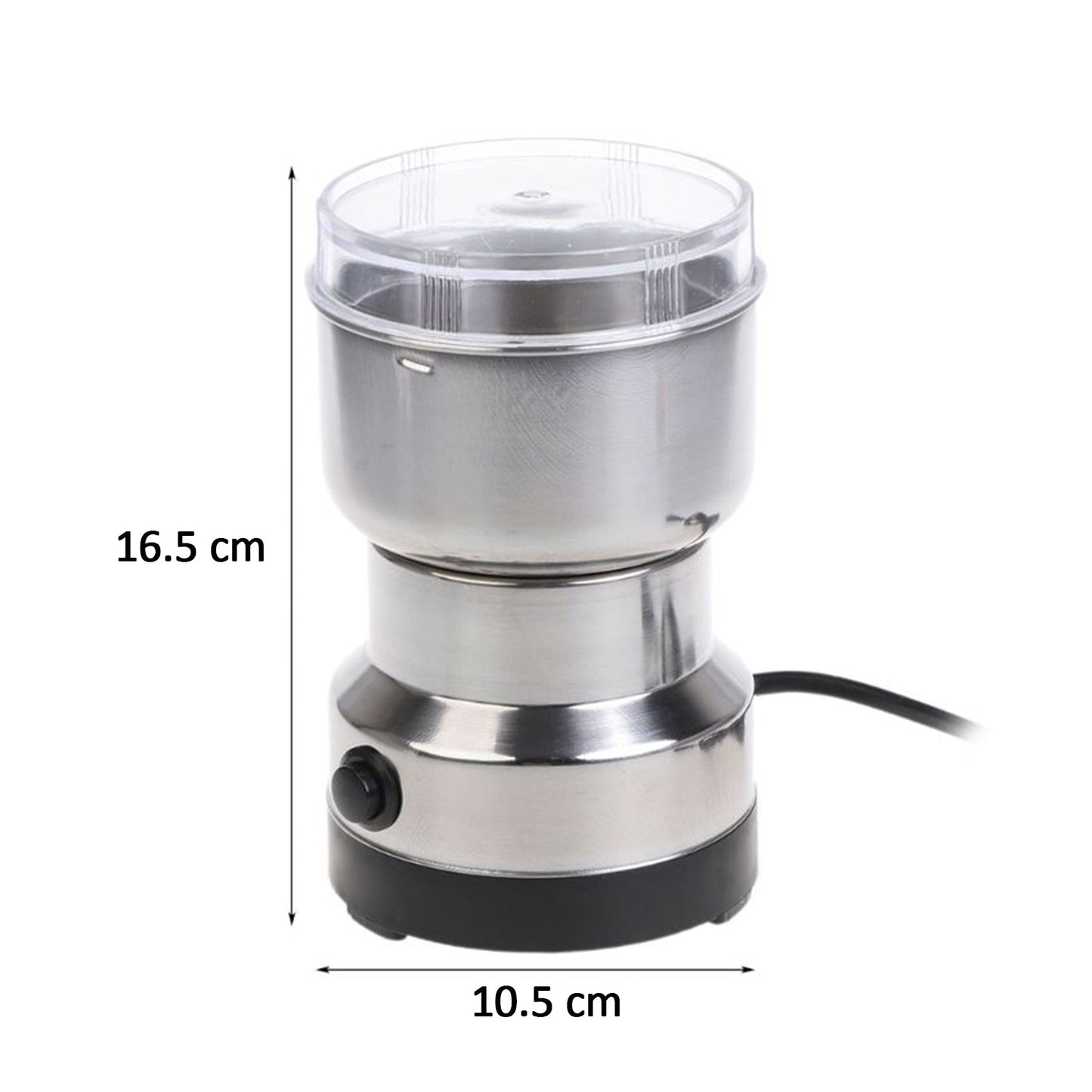 The stainless steel electric grinder is shown with its dimensions: 16.5 cm tall and 10.5 cm wide.