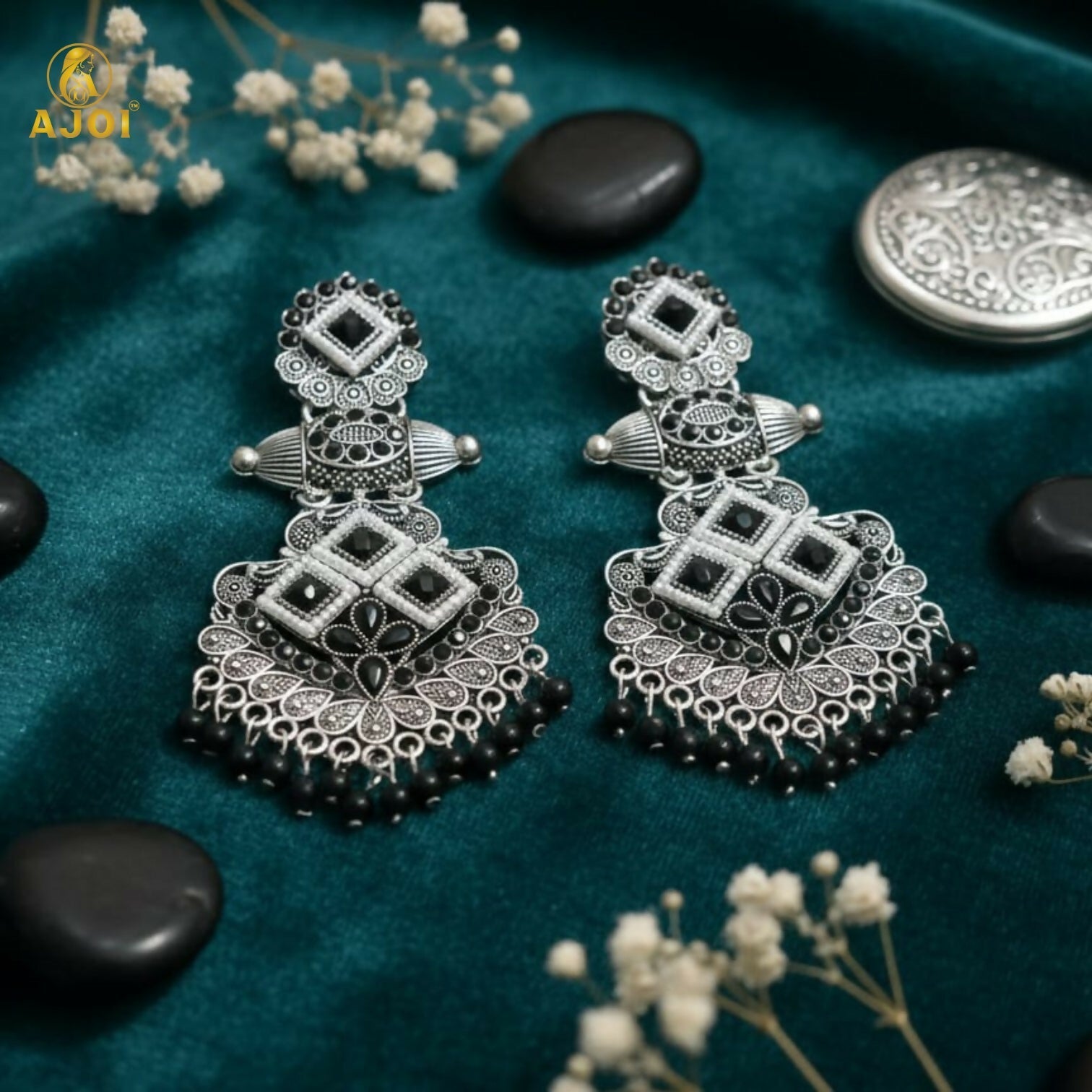 Oxidized Silver Black Stone Designer Chandbali Earrings for Women