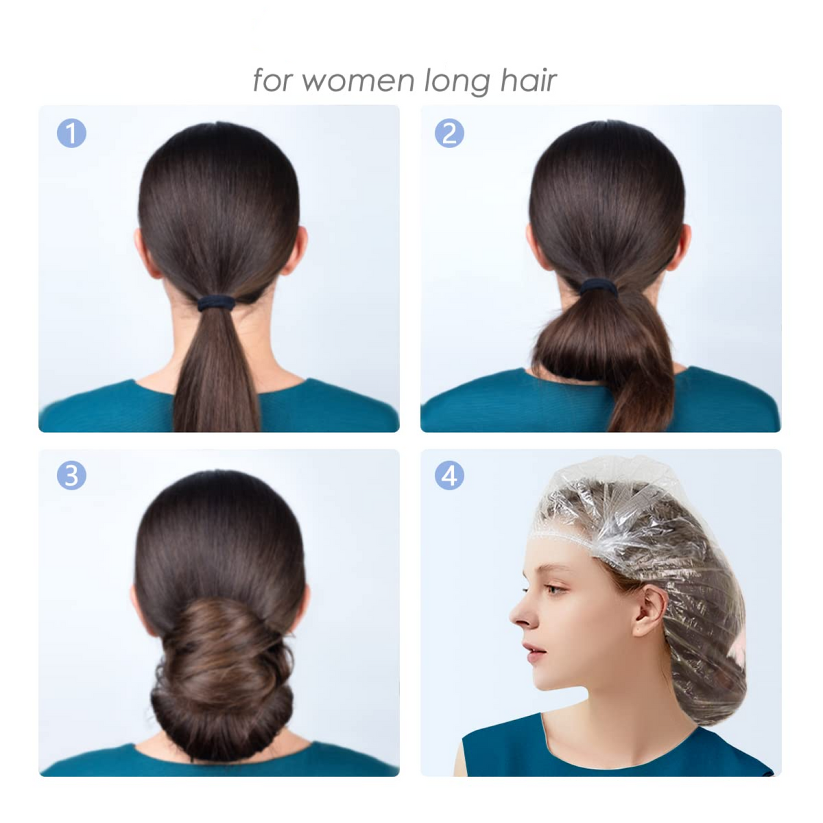 A four-panel image showing how to put long hair into a bun, then cover it with a clear shower cap.