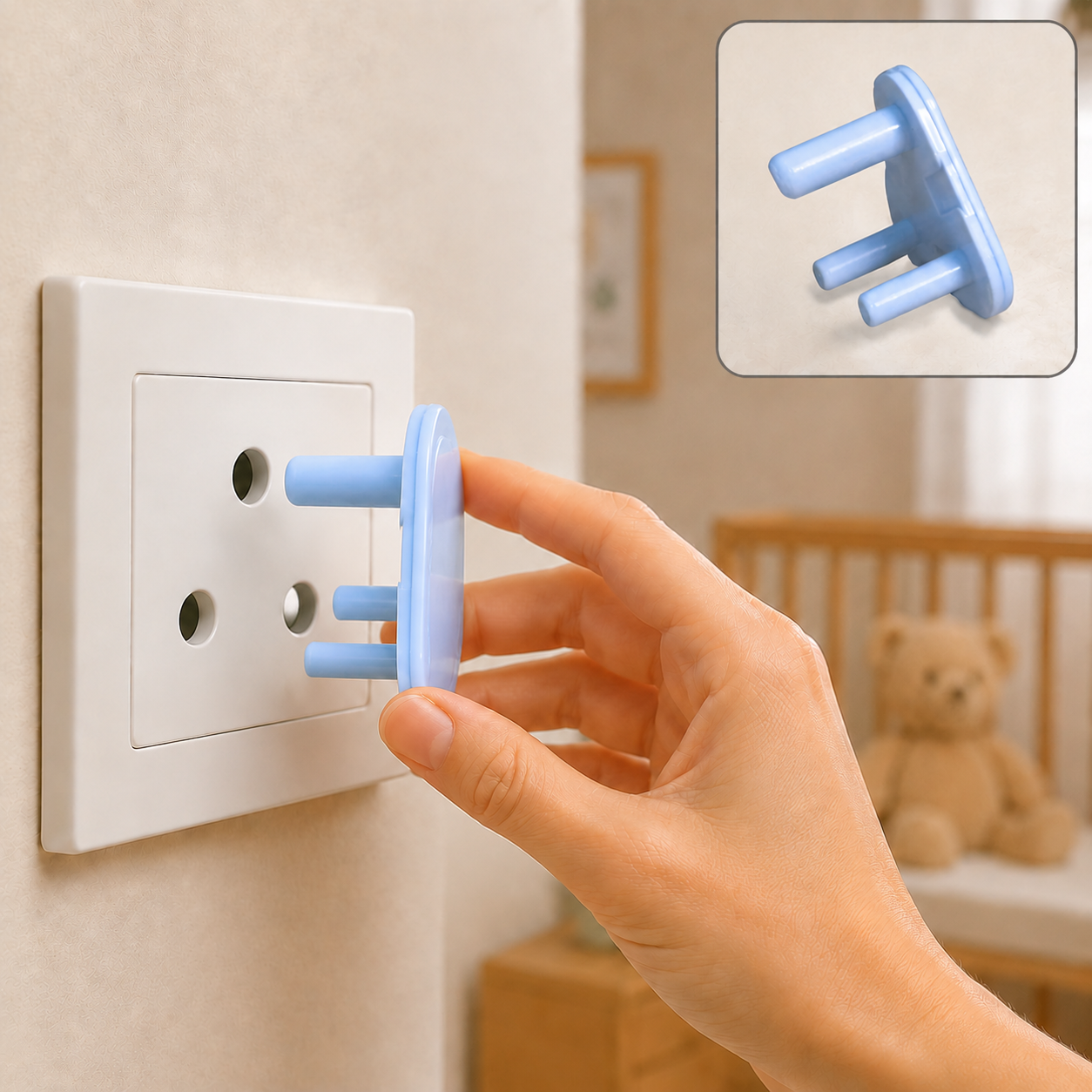 A hand inserts a light blue 3-pin socket cover into a white wall outlet, with a blurred nursery in the background.
