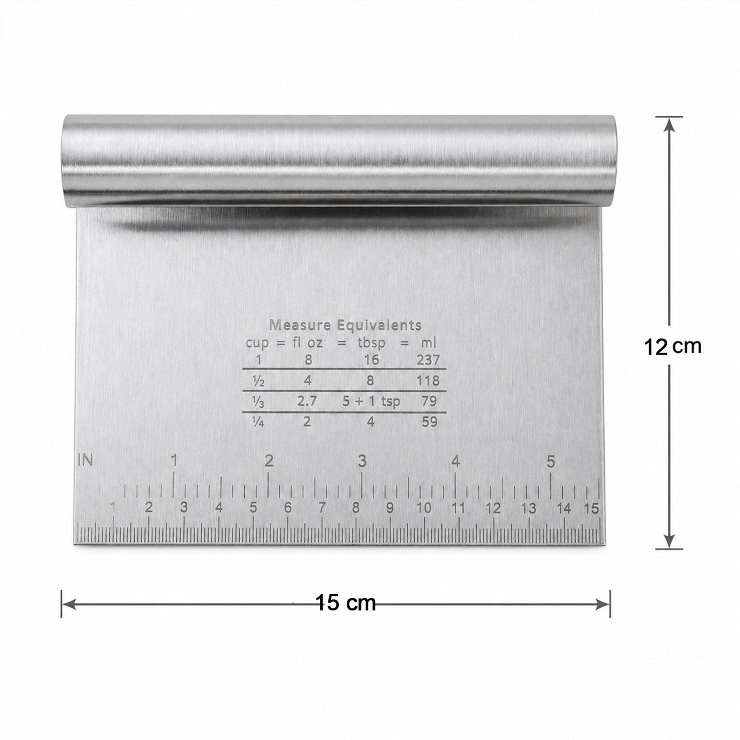A stainless steel dough scraper with dimensions indicated by arrows: 15 cm width and 12 cm height.
