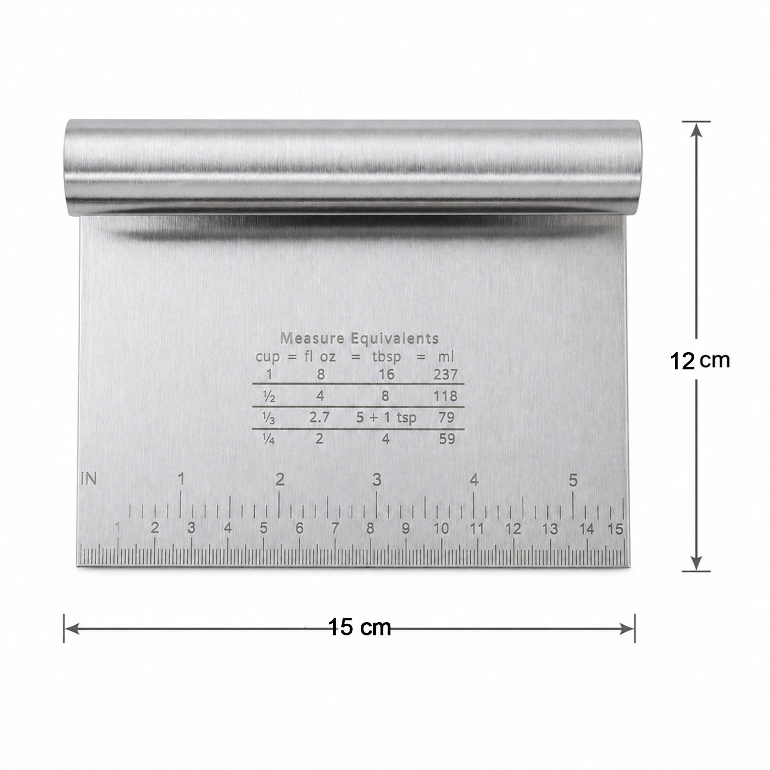 A stainless steel dough scraper with dimensions indicated by arrows: 15 cm width and 12 cm height.