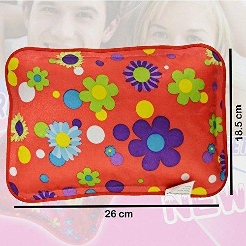 A red floral hot water bag with colorful flowers and dots is shown with dimensions of 26 cm by 18.5 cm.