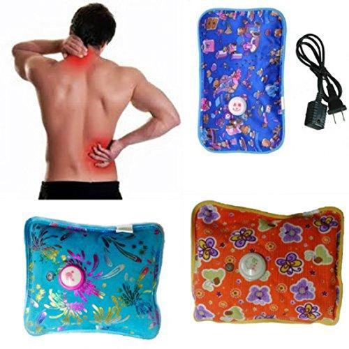 A collage shows a man with back pain, a blue floral hot water bag with a charger, and two other floral hot water bags.