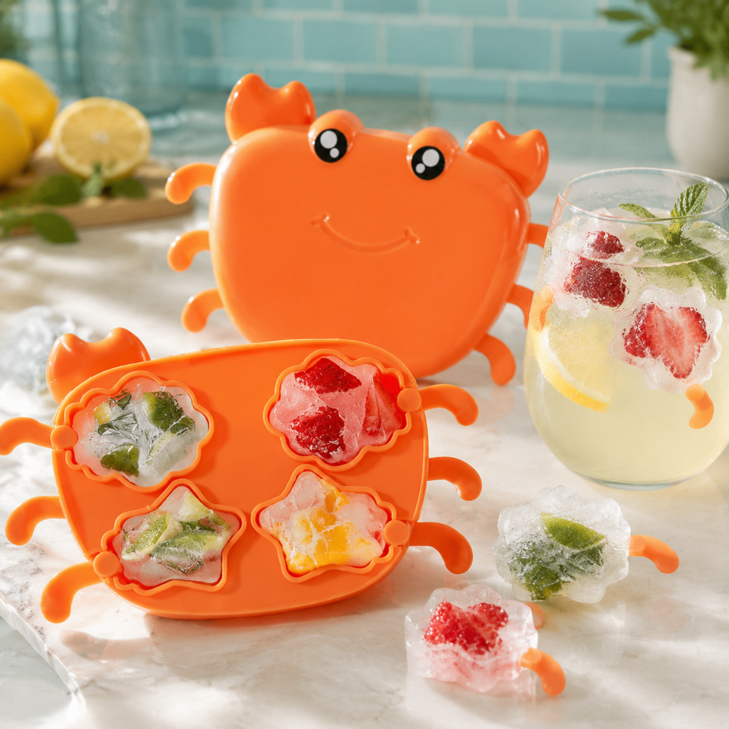 An orange crab-shaped ice mold with four fruit-filled ice cubes, next to a glass of lemonade.