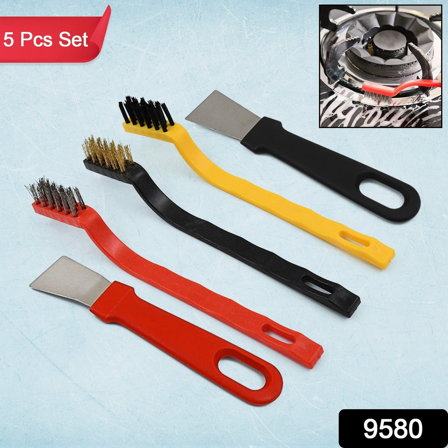 The five-piece cleaning set, including three wire brushes and two scrapers, is displayed on a light blue background.