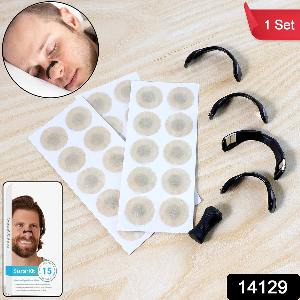 Assorted black nasal dilators and two sheets of beige circular patches on a wooden surface.