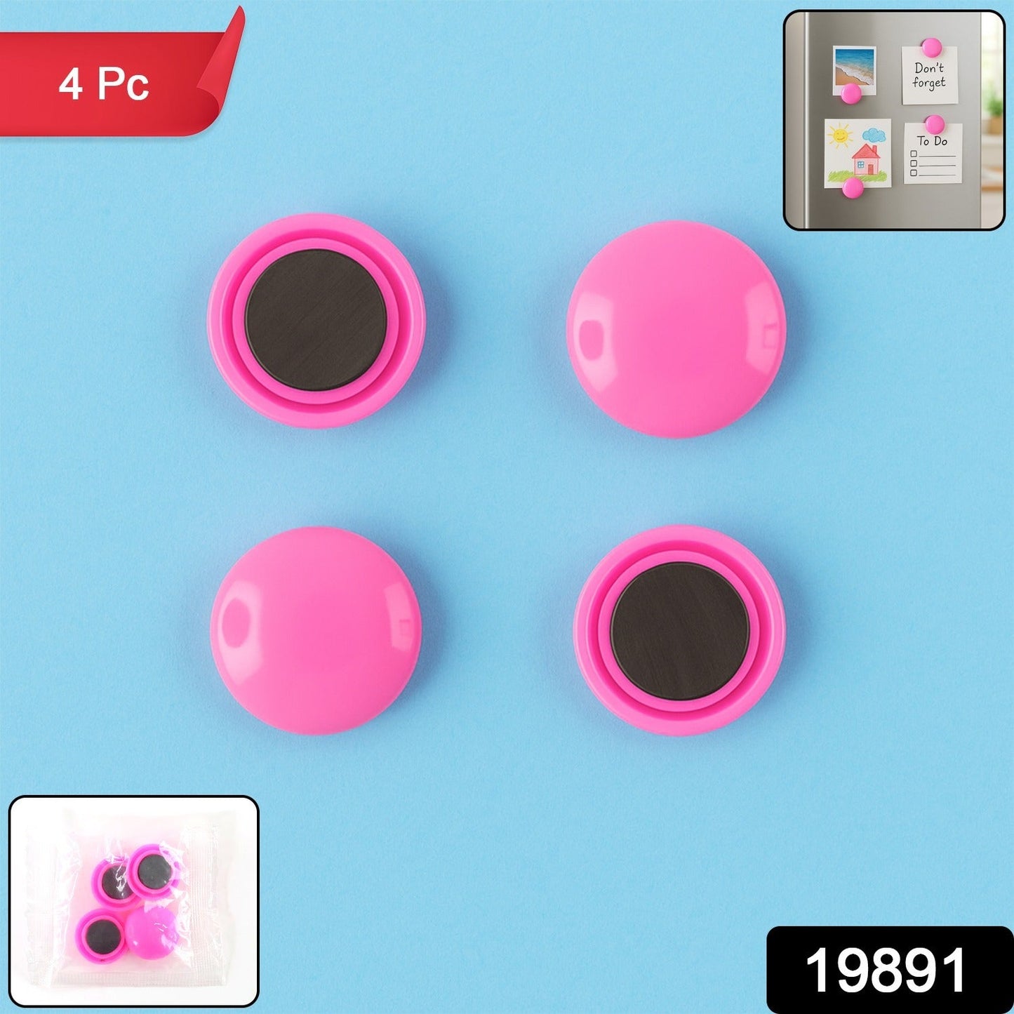 A set of colorful Round Fridge Magnets holding multiple papers securely on a refrigerator door.