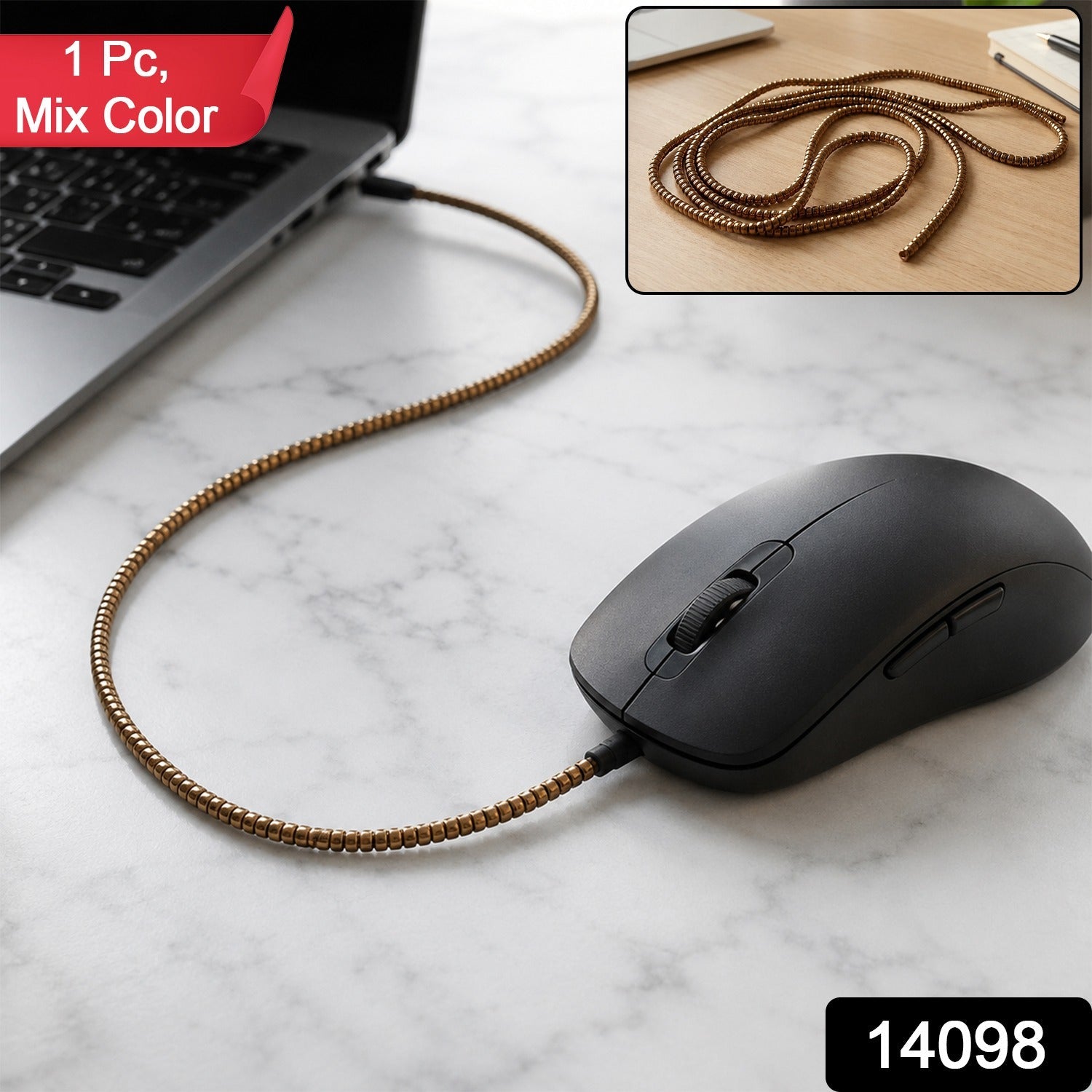 A black mouse connected to a laptop via a gold spiral cable protector, with a red "1 Pc, Mix Color" banner and a black