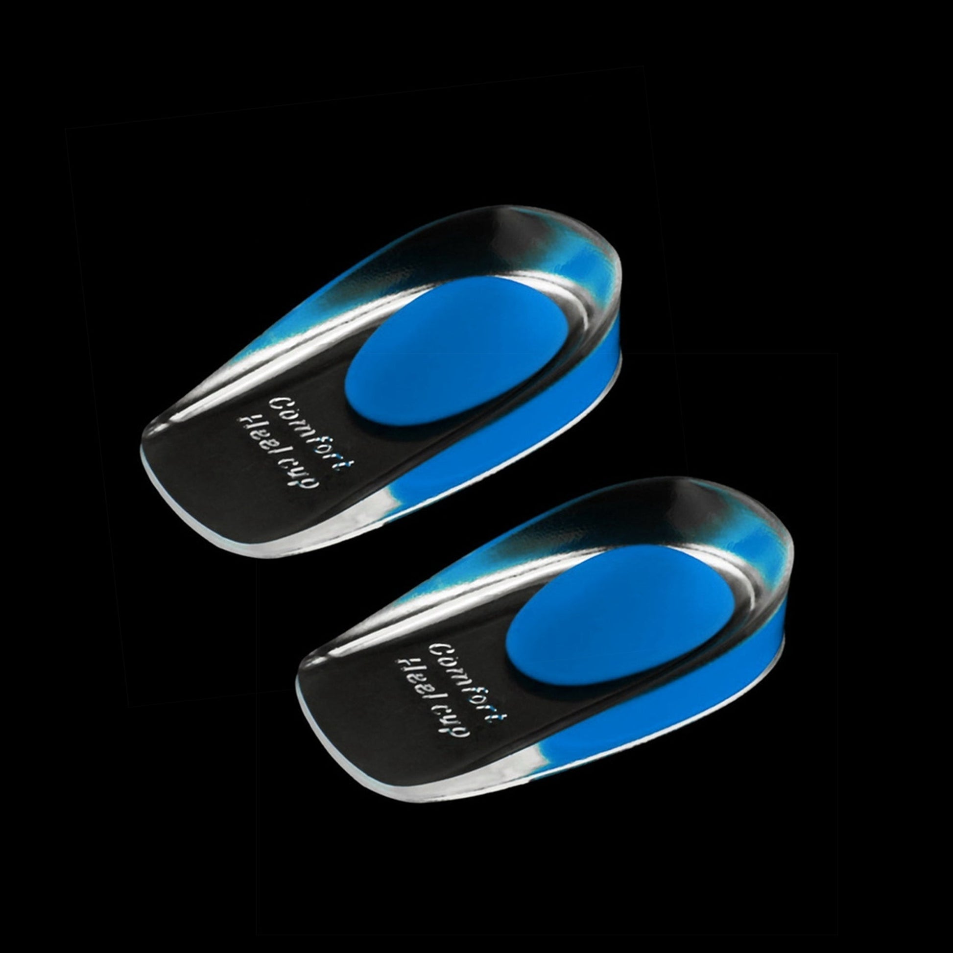 Two clear gel heel cups with blue centers are angled on a black background.