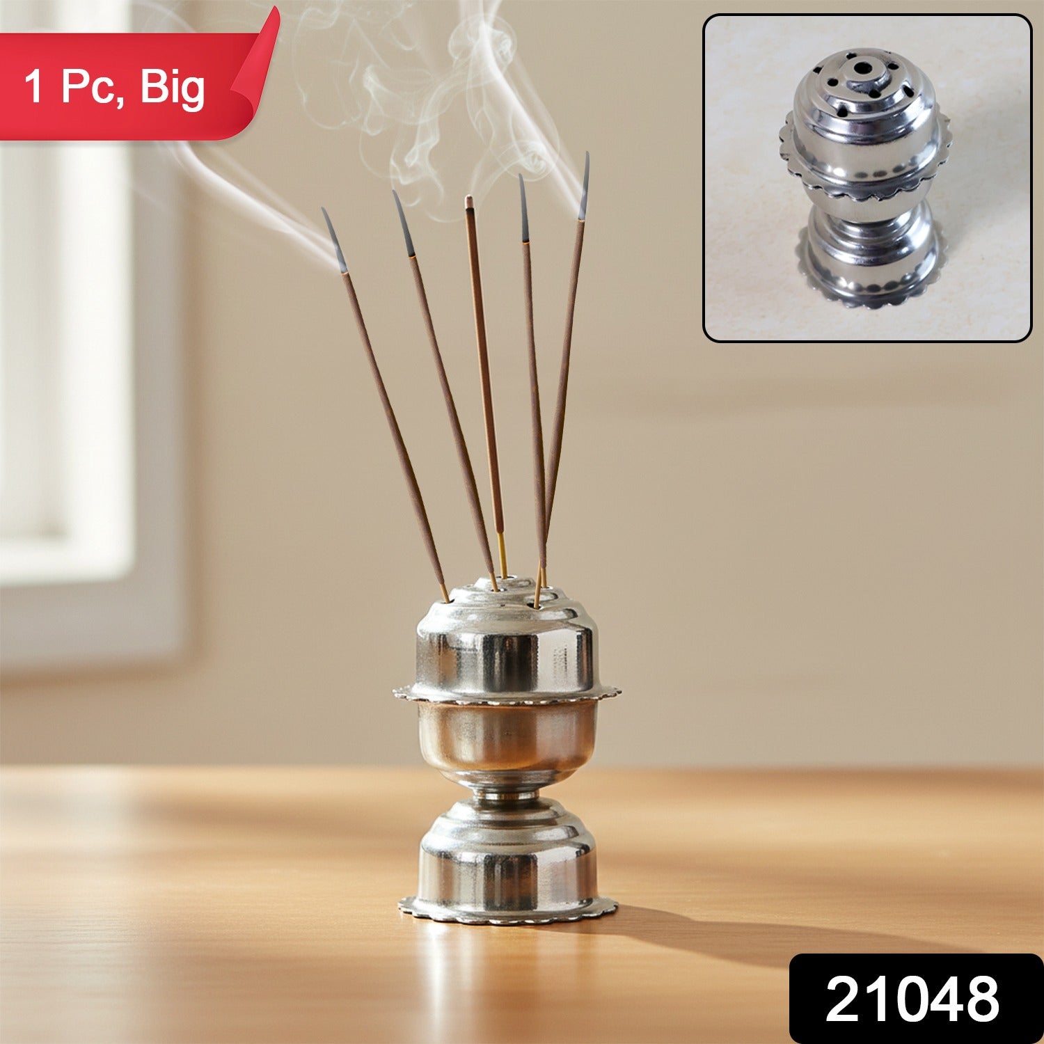 Polished stainless steel agarbatti holder showcasing big jasmine design
