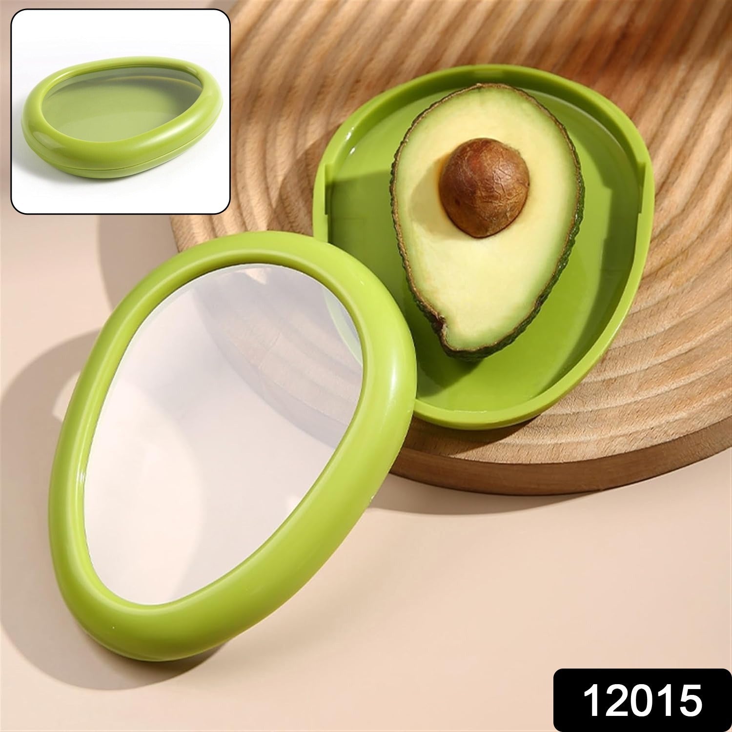Hands rinse the two halves of a green avocado-shaped container under a faucet, with text