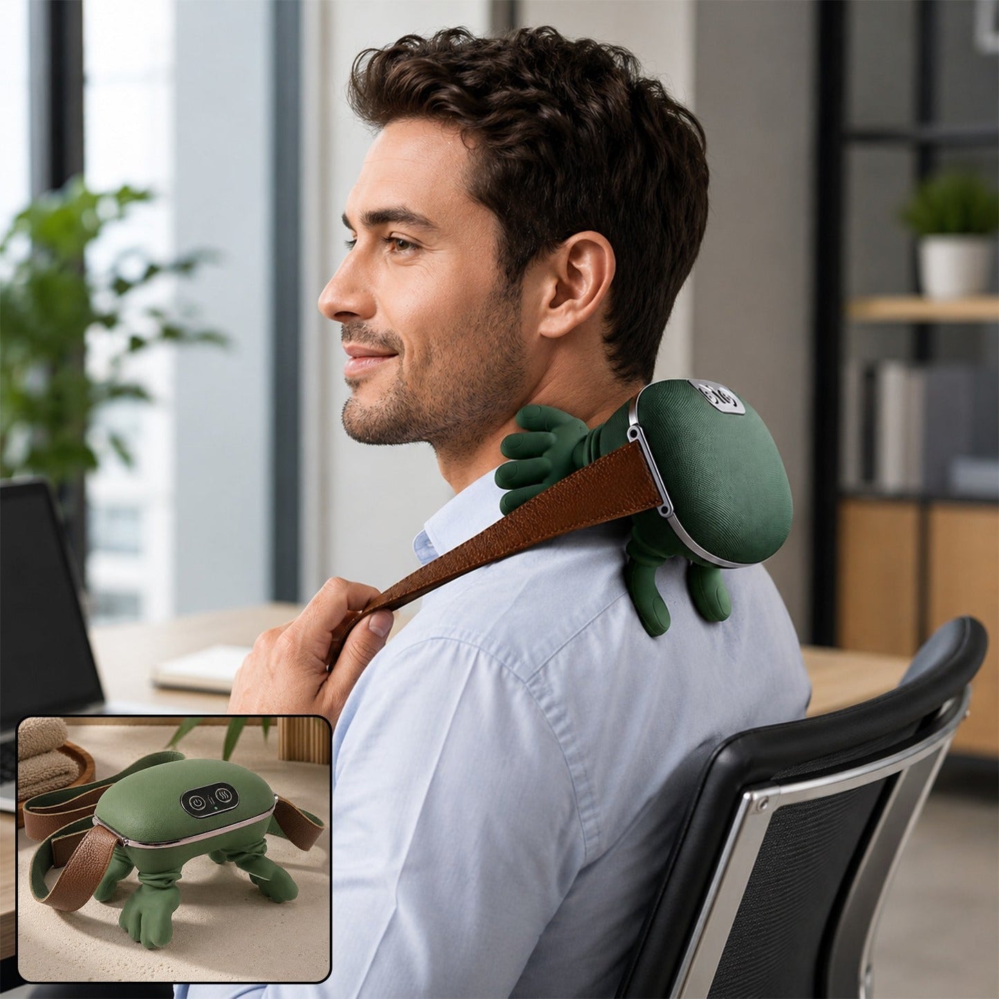 A man wearing a green bionic neck massager with brown straps over his shoulder in an office setting.