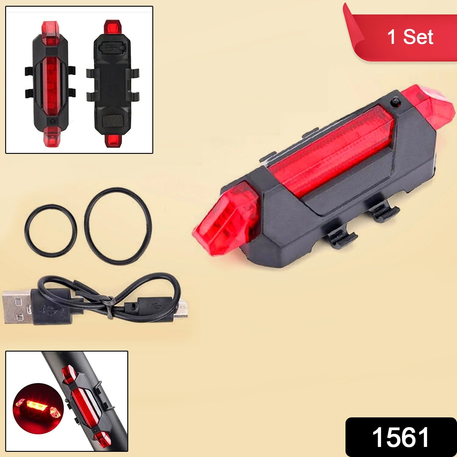 A red LED bicycle tail light with a USB cable and two rubber rings on a white background. Insets show the light from front