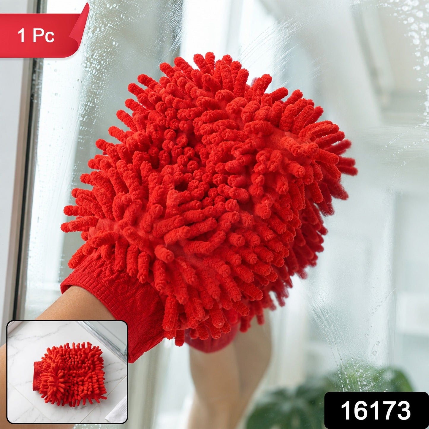 A hand wearing a red microfiber chenille wash glove cleans a window, with a smaller inset showing the glove on a white tiled.