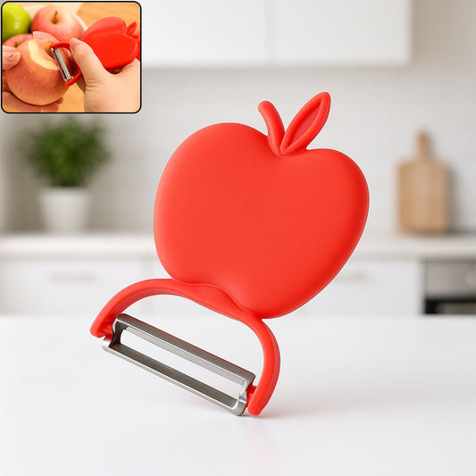 Front view of the apple shaped folding vegetable peeler, compact design.