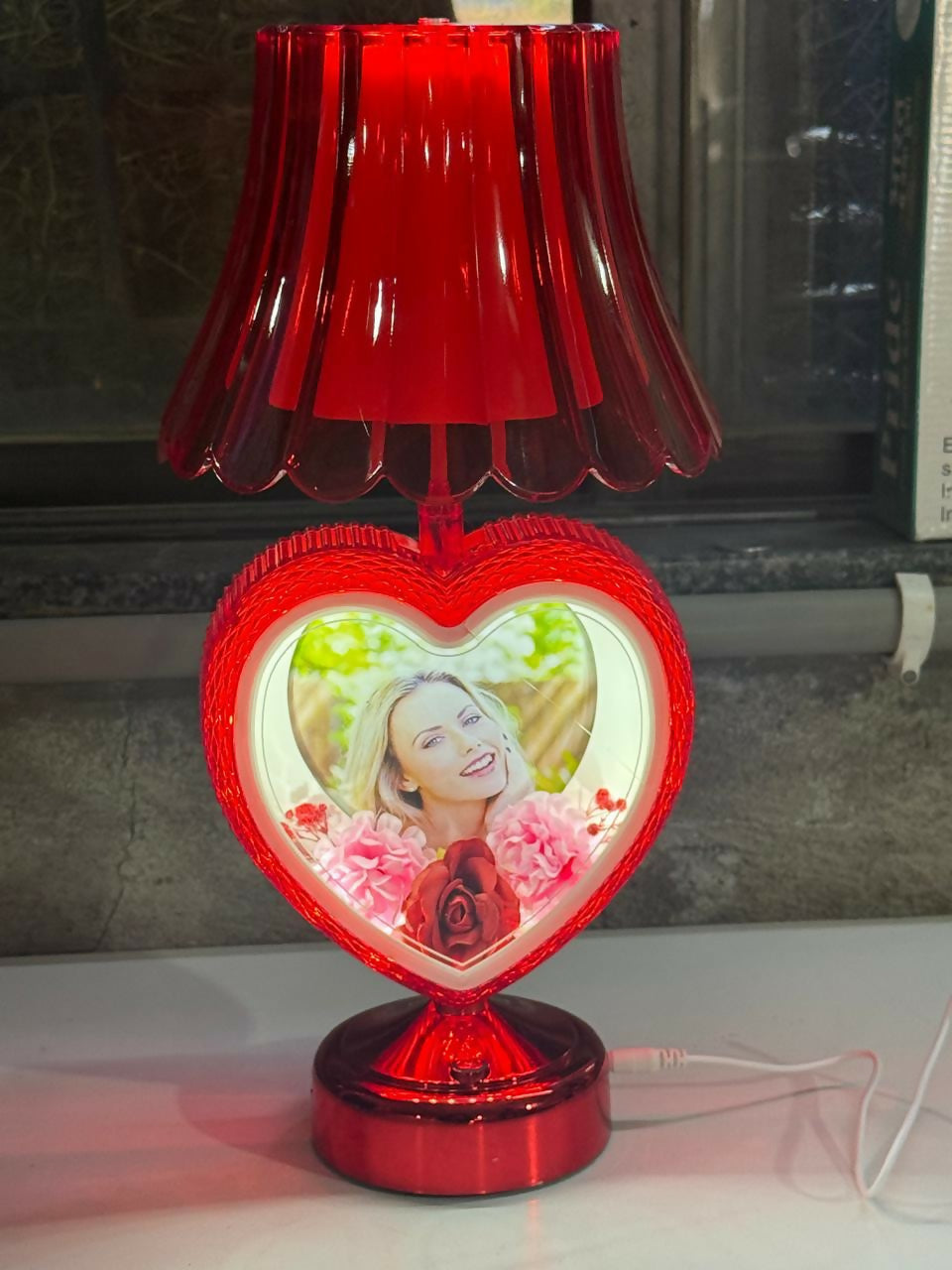 Red Heart Shape Photo Table Lamp with Shade for Bedroom, Side Table & Gift Decor