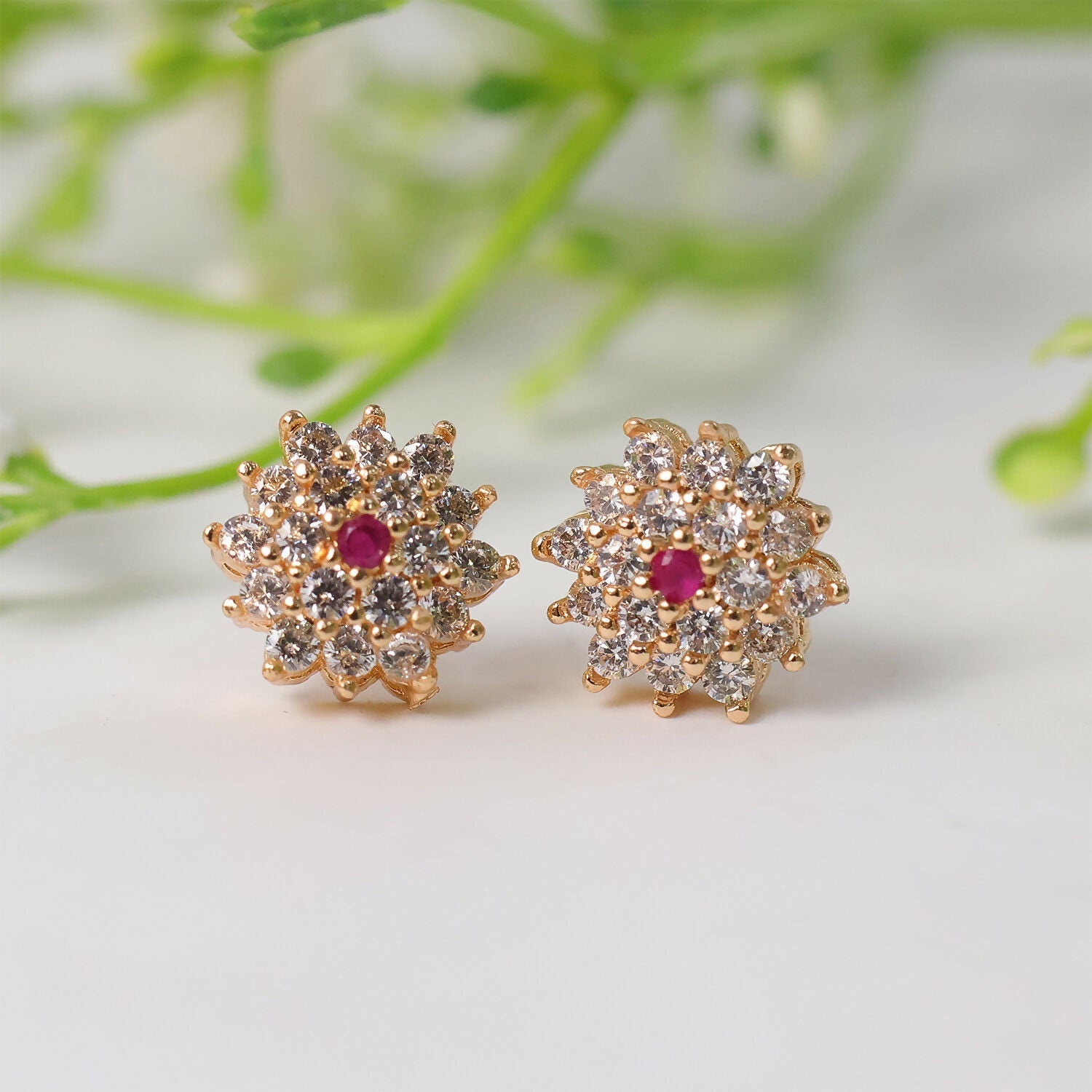 Floral CZ Stud Earrings with Center Stone for Daily & Party Wear