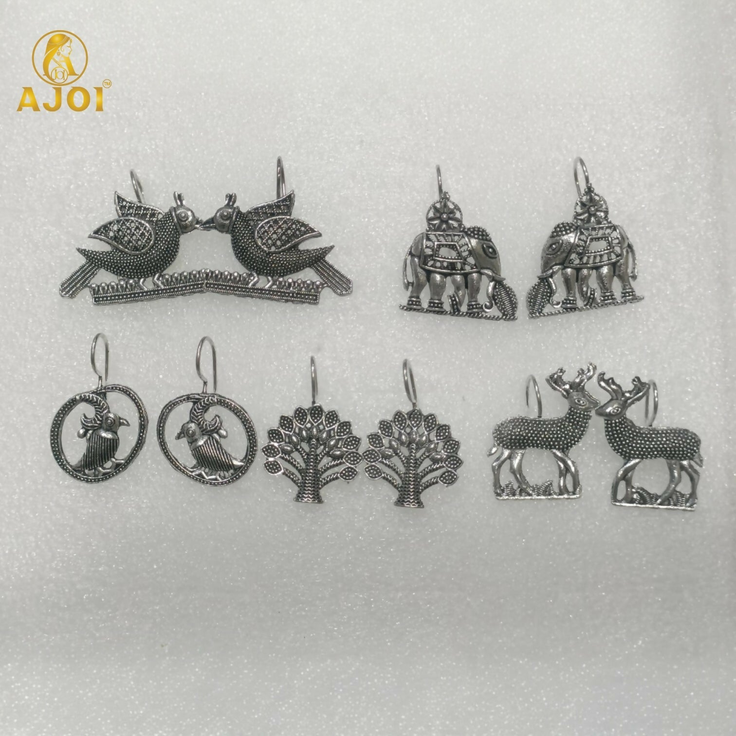 Handcrafted Oxidized Silver Earrings Combo – 5 Traditional Motif Pairs