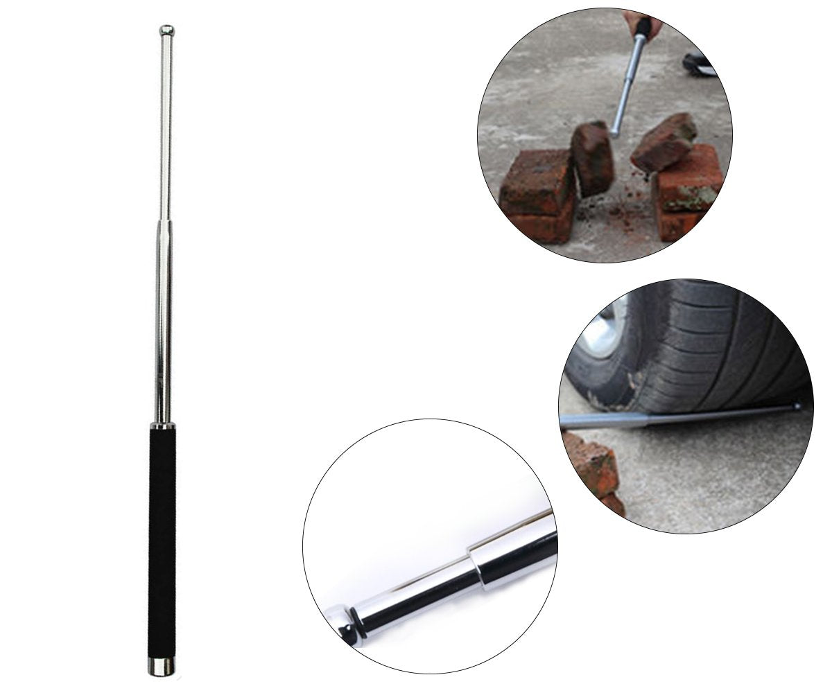 A silver metal baton with a black foam grip stands upright, with three circular insets demonstrating its durability.