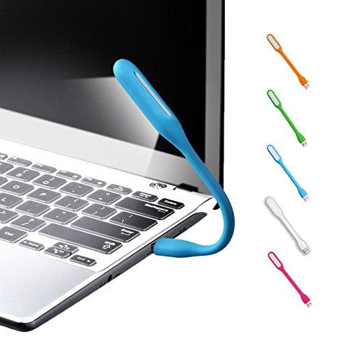 A blue flexible USB LED lamp plugged into a laptop, with five other colored lamps shown vertically on the right.