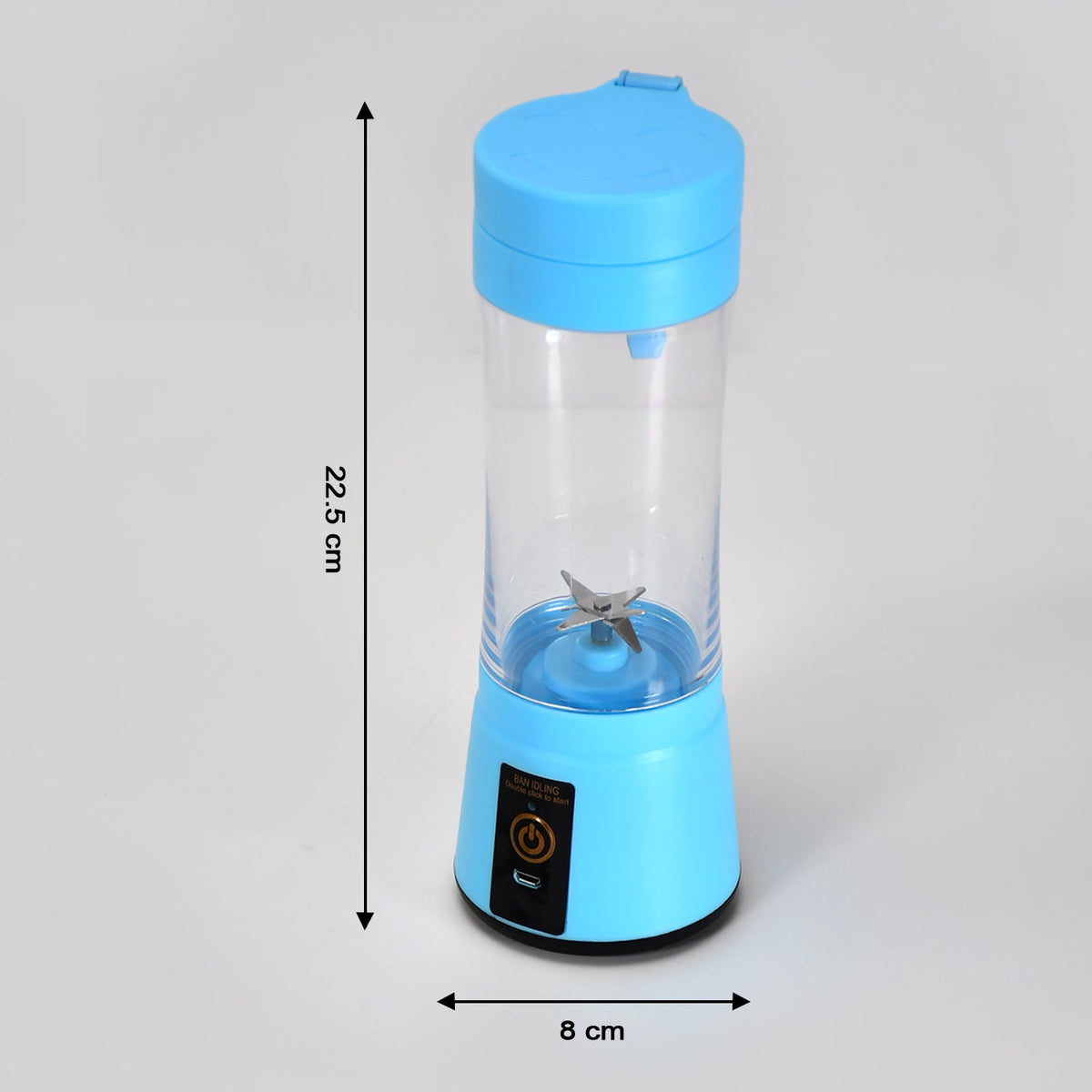 A blue portable juicer blender with a clear cup and six-blade assembly is shown with its height and width dimensions.