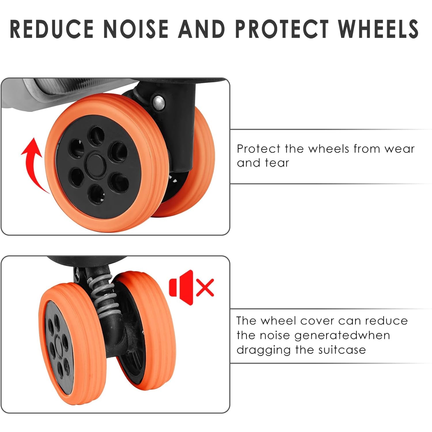 Diagram showing orange silicone covers on a suitcase wheel to reduce noise and protect from wear and tear.