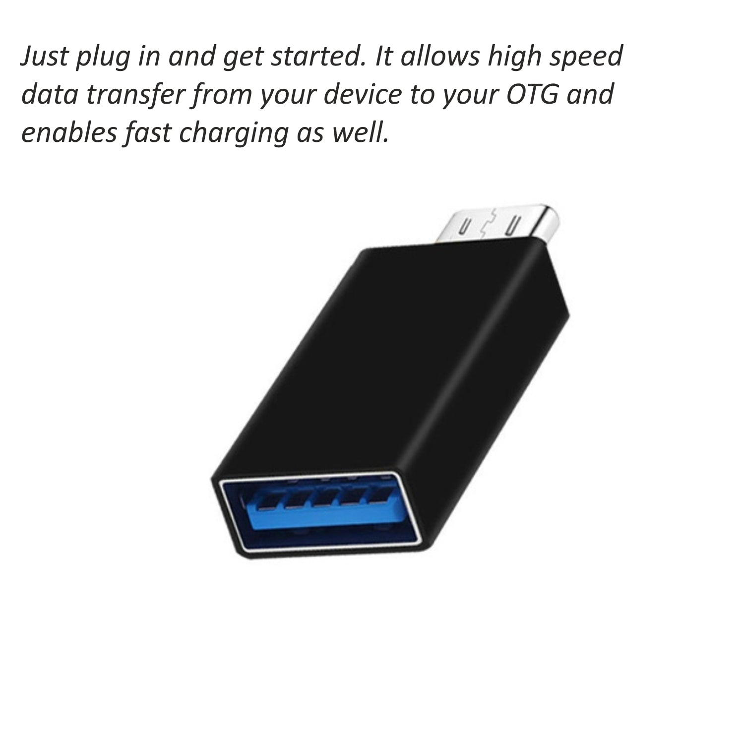 A black USB-C to USB 3.0 OTG adapter is shown at an angle on a white background with text describing its features.