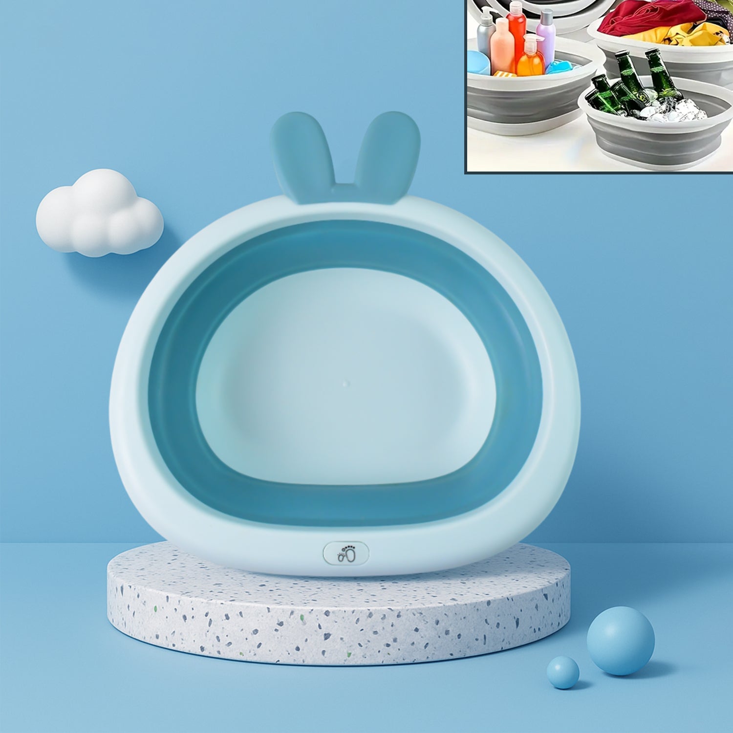 Foldable collapsible basin with bunny ear handle in soft flexible plastic